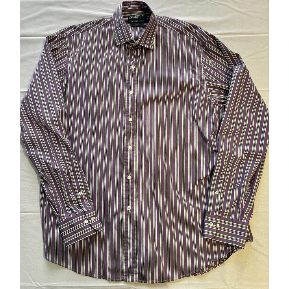 Men's Polo Ralph Lauren Regent Purple Striped Long Sleeve‎ Shirt 36/37 17 1/3